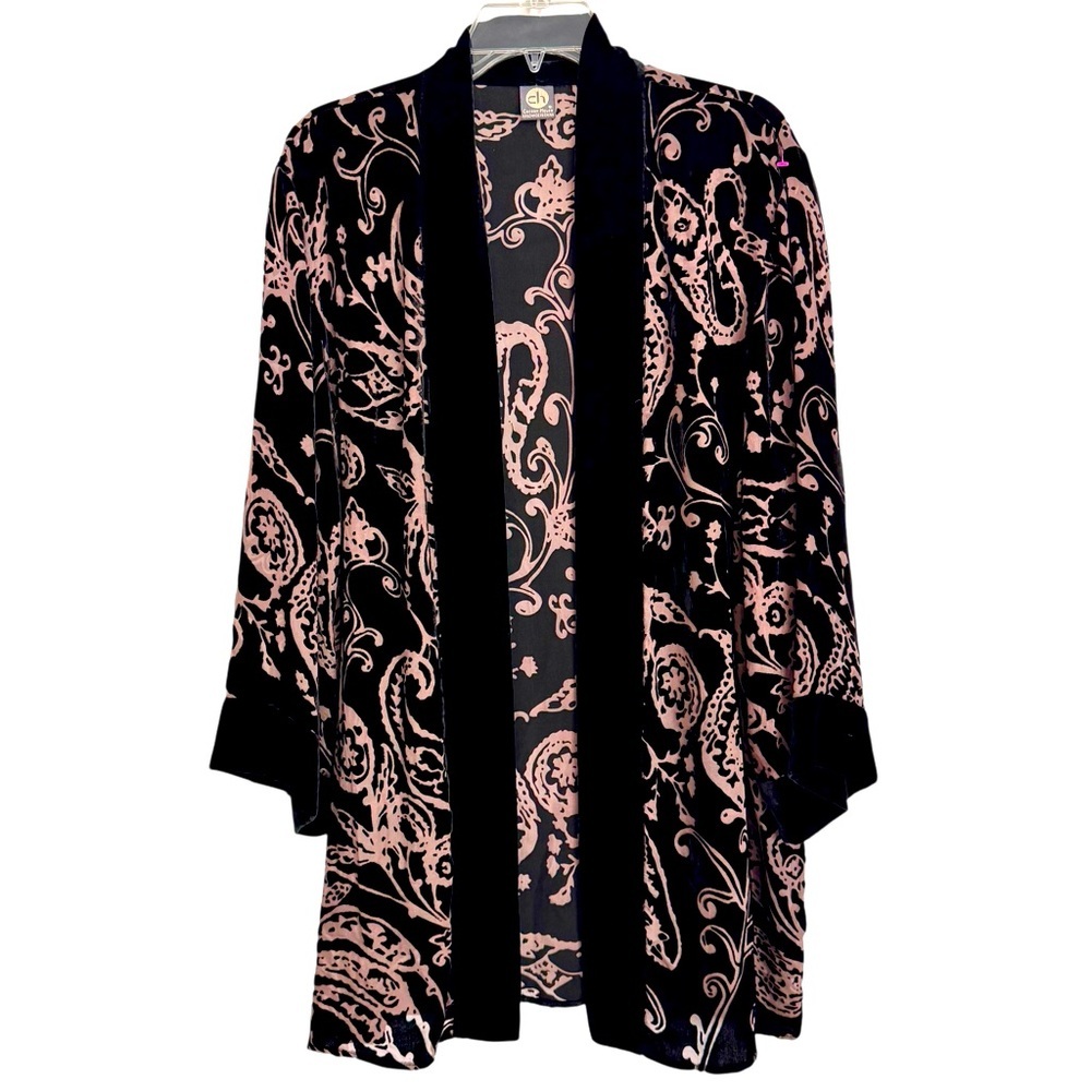 Cocoon House Size L-XL Black Velvet/Silk Open Front 3/4 Sleeve Burnout Kimono